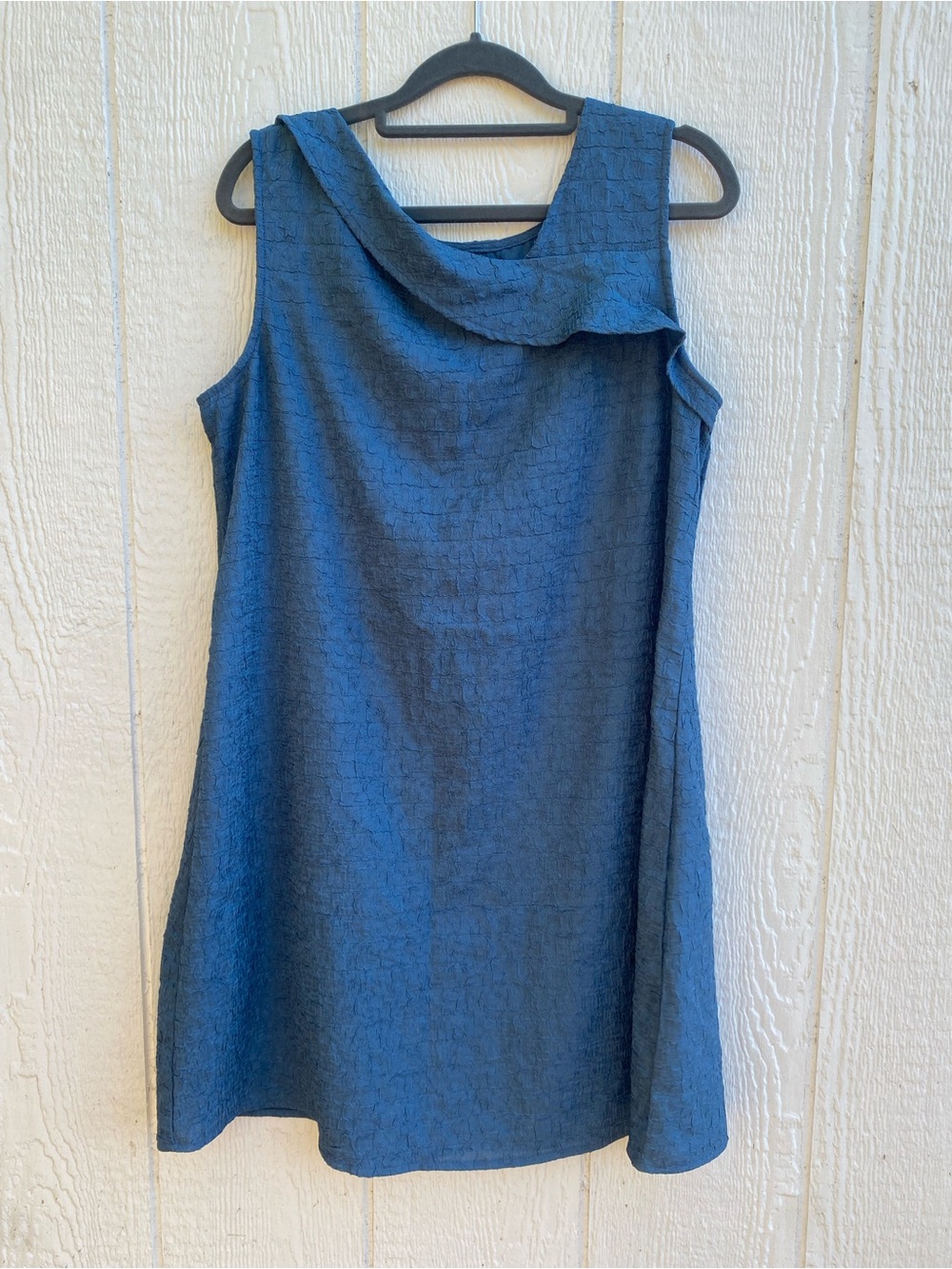 Sleeveless Textured Navy Blue Dress with Draped Collar